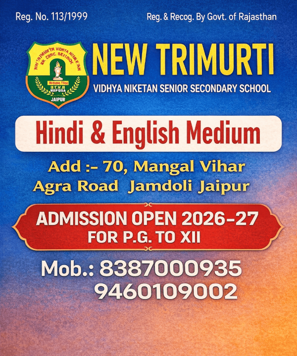 Admission open 2026-27 best school in Jamdoli Jaipur New Trimurti Vidya Niketan